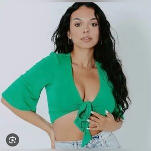 Klassy Network Green BRAMI Top Tie Cropped Built in Bra Bell Sleeve XXL Modal